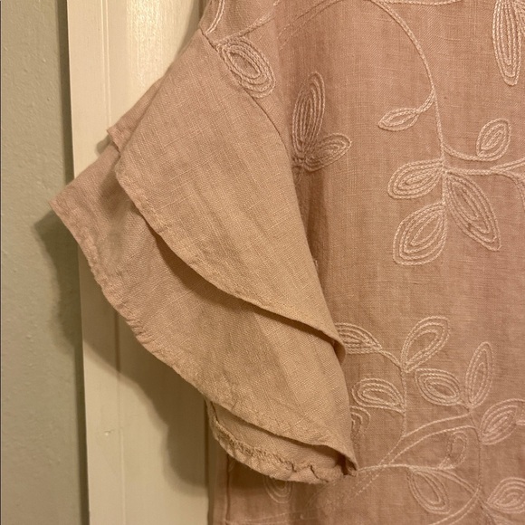 Elegant Floral Soft Pink Blouse 100% Linen #94 - Picture 3 of 8
